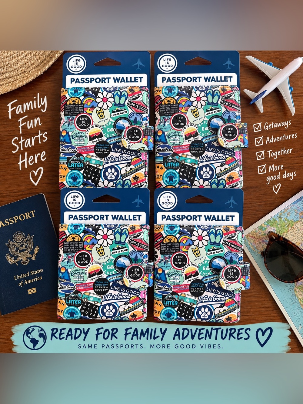 Life is Good Passport Wallet 4 Pack NWT Sticker Print Family Travel Set